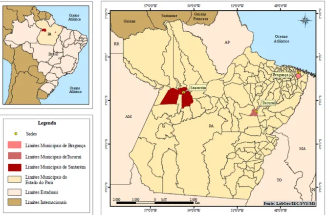 Figura 05 - Mapa de localização dos municípios paraenses Santarém, Tucuruí e Bragança