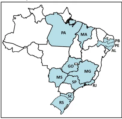 Fig.  1.  Mapa  do  Brasil  -  Estados  brasileiros  com  relatos  da  ocorrência de paratuberculose até 2015.