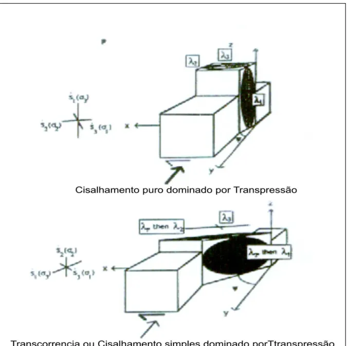 Figura 05 - Diagrama ilustrando os dois tipos de transpressão: dominado por cisalhamento puro e dominado por transcorrência ou cisalhamento simples (Tykoff &amp; Teyssier, 1994)