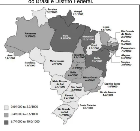 Figura 01  –  Distribuição da infecção por HTLV-1/2 em 27  hemocentros pertencentes a todos os estados  do Brasil e Distrito Federal