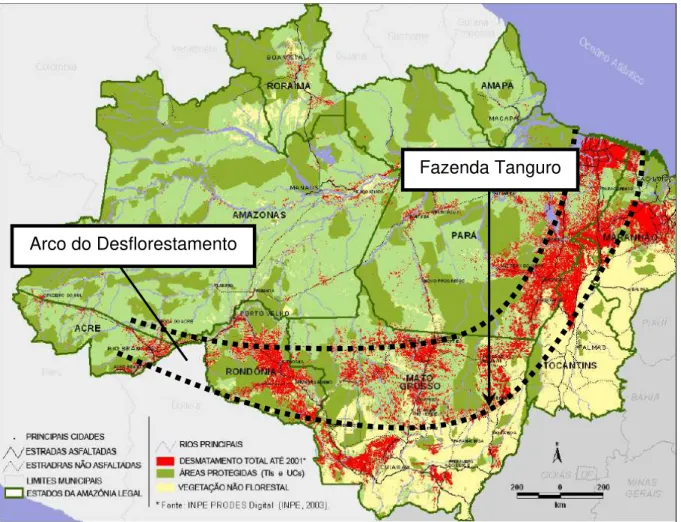 Figura  1  –   Área  de  localização  da  fazenda  Tanguro  dentro  do  Arco  do  desflorestamento (faixa pontilhada)