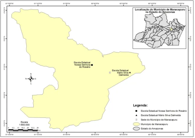 Figura  2  –  Localização  das  Escolas  Pesquisadas  no  Município  de  Manacapuru.  Fonte:  IBGE/MEC- IBGE/MEC-INEP/SEDUCAM, 2013