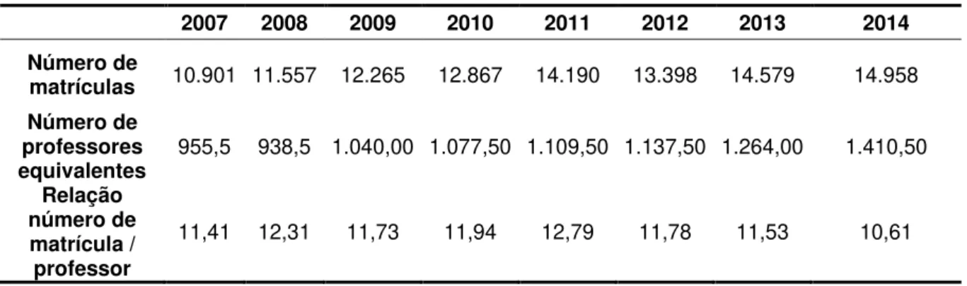 Tabela 1 - Número de matrículas por professor de 2007 a 2014  –  UFJF  2007  2008  2009  2010  2011  2012  2013  2014  Número de  matrículas  10.901  11.557  12.265  12.867  14.190  13.398  14.579  14.958  Número de  professores  equivalentes  955,5  938,5