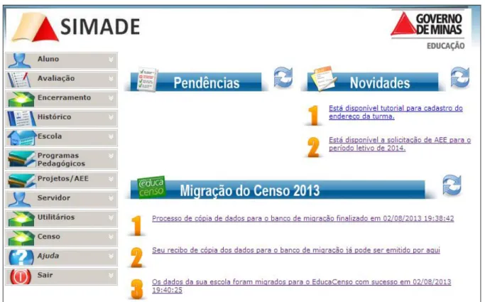 Figura 3: Grupos de funcionalidades do SIMADE  Fonte: https://simade.caedufjf.net 