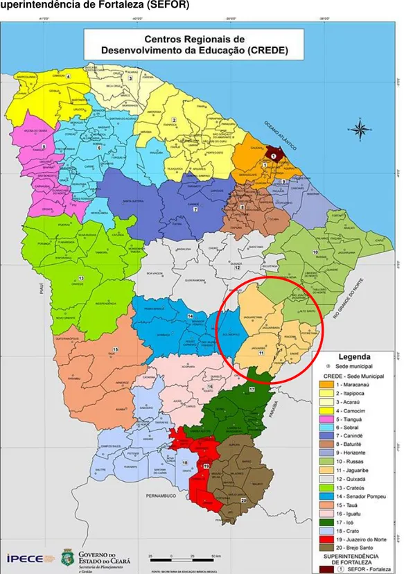 Figura  3  -  Mapa  dos  Centros  Regionais  de  Desenvolvimento  da  Educação  (CREDEs)  e  Superintendência de Fortaleza (SEFOR) 