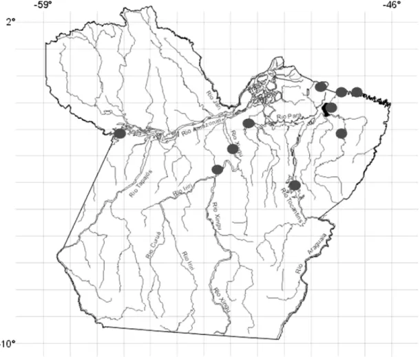 Figura 3: Locais de registros de R. p. punctularia no Estado do Pará (FÉLIX- (FÉLIX-SILVA  et  al.,  2008;  FÉLIX-(FÉLIX-SILVA  e  PEZZUTI,  2008;  PEZZUTI  et  al.,  2008a; 