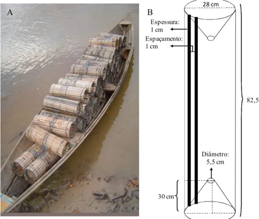 Figura  2:  Armadilhas  utilizadas  na  captura  dos  espécimens.  A:  matapis.  B:  dimensões  do  petrecho  de  pesca