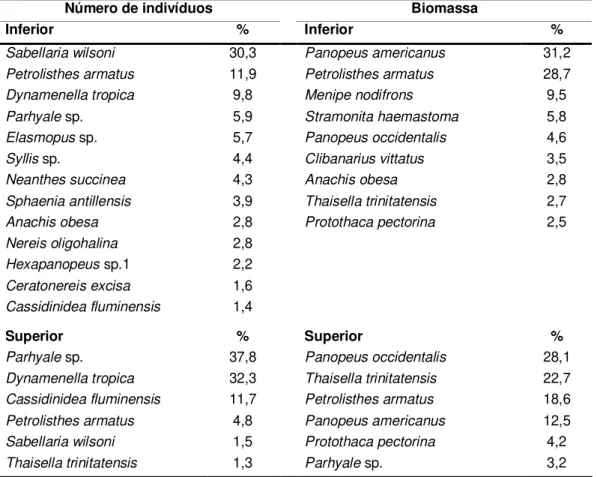 Tabela  1.3  –  Porcentagem  de  macroinvertebrados  com  maior  dominância  em  número  de  indivíduos e biomassa na área de fragmentos rochosos em cada zona do entremarés da Ilha  de Areuá 
