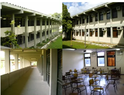 Figura 5.6 – Fotos do pavilhão. No sentido horário: lado externo com janelas de vidro, sala de  aula, corredor e lado externo com corredor ao longo