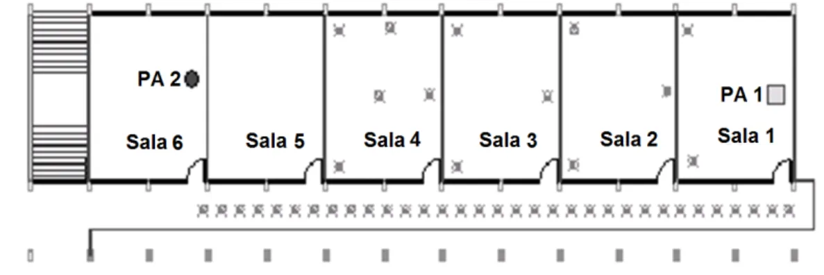 Figura 5.10 Layout com a localização dos pontos medidos para o cenário 1 – pavilhão de salas de  aula