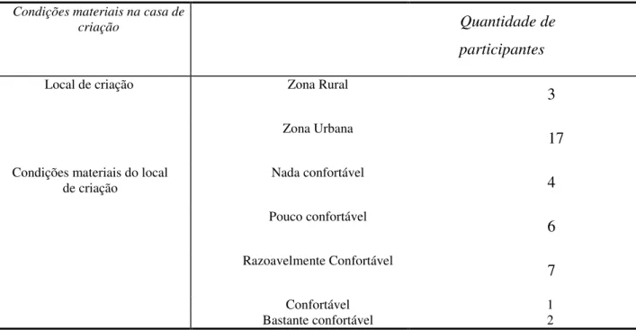 Tabela 3: Condições materiais na casa de criação. 