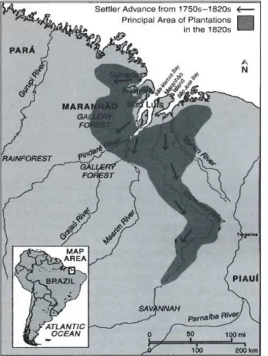 FIGURA I: Avanço das áreas de produção e expansão agrícola na capitania do Maranhão  (1750-1820) 