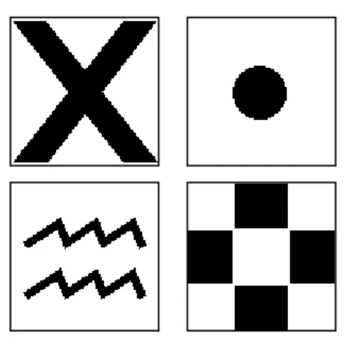 Figura  2.  Estímulos  utilizados  durante  o  Experimento  I .  “X” ,  “onda” ,  “ponto”  e 