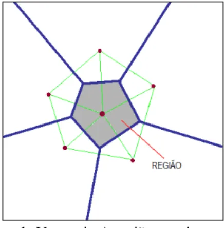Figura 1. Diagrama de Voronoi.  A região em cinza representa a região   de abrangência do ponto gerador central