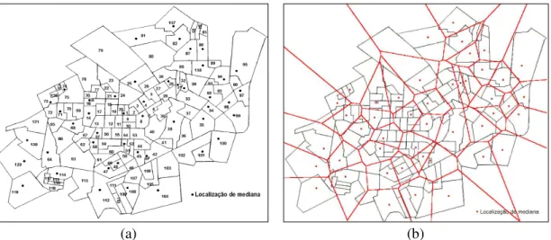 Figura 10. Localização de Escolas em Cascavel, PR. Com 126 blocos censitários (a)  e uma solução possível para o problema com 46 medianas (b)