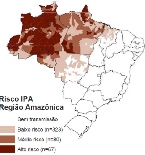 Figura 6. Mapa do Brasil destacando as áreas de risco para malária baseado nos diferentes níveis de  incidência parasitária anual (IPA)