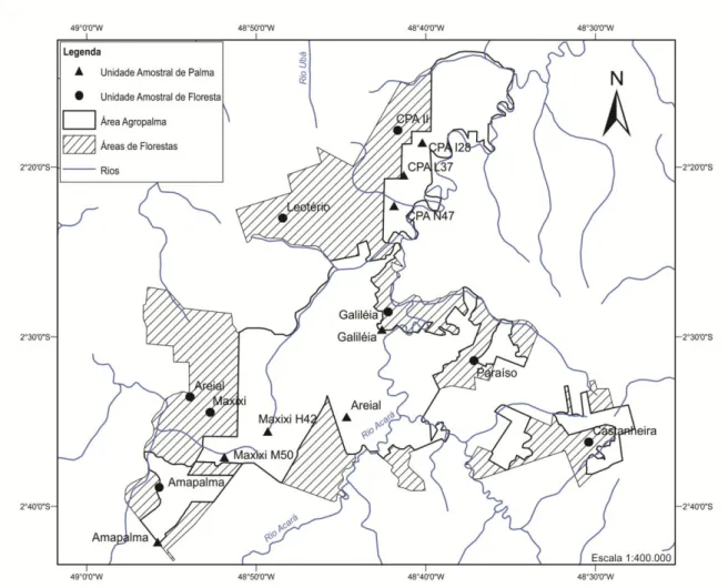 Figura 2: Área de estudo, no município de Moju, delimitando os fragmentos florestais e  áreas  de  plantações  de  palma  de  dendê  e  localização  dos  pontos  de  amostragem  de  pequenos mamíferos não-voadores