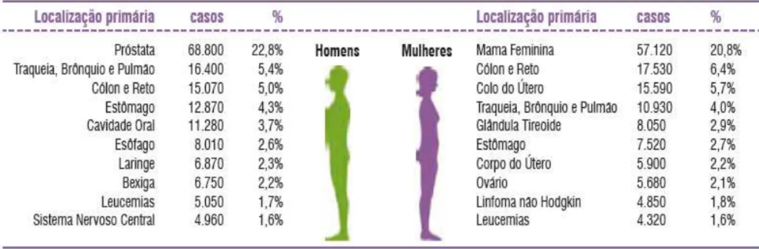 Figura 1. Distribuição proporcional dos dez tipos de câncer mais incidentes estimados  para 2014 por sexo, exceto pele não melanoma