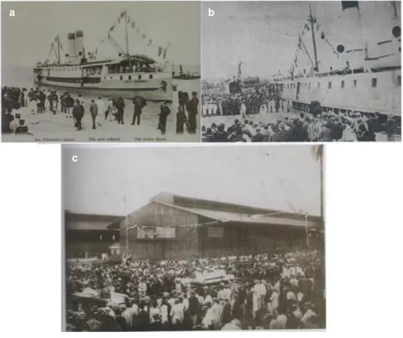Figura 6 a-c - Na parte superior, da esquerda  para a direita: a-b) chegada da embarcação Justo  Chemont para a inauguração em 1909; Abaixo: c) solenidade da inauguração do Porto de Belém