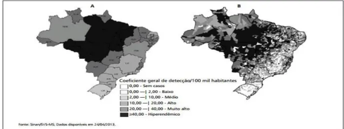 Figura 03 – Mapa do coeficiente geral de detecção de hanseníase no Brasil, 2012. 