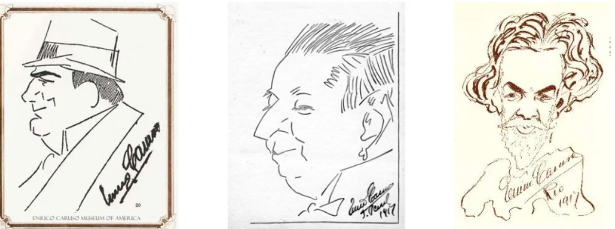 fig. 3 – Caricaturas realizadas por Enrico Caruso: a) auto retrato, encontra-se no site  www.enricocarusomuseum.com; b) José de Freitas Valle (imagem gentilmente  cedida por Márcia Camargos); c) Alberto Nepomuceno