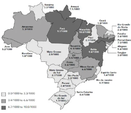 Figura 7: Prevalência do HTLV-1/2 (/1000 doadores) nos doadores de sangue de 26 capitais  brasileiras e Distrito Federal