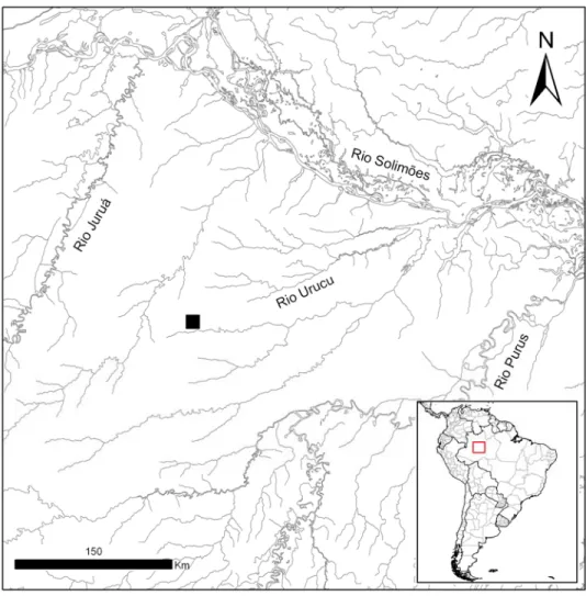 Figura 1 – Localização da Base Operacional Geólogo Pedro de Moura  (quadrado preto) na bacia do rio Urucu, Amazonas