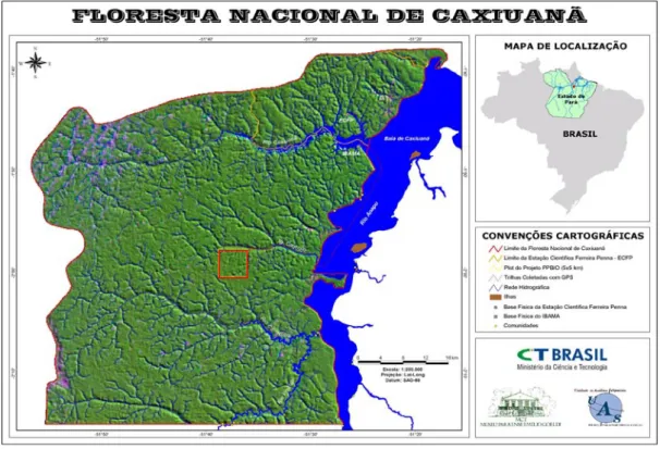 Figura 1. Localização  da grade do PPBIO (quadrado  vermelho), onde foi realizado  o  estudo,  junto  à  Floresta  Nacional  de  Caxiuanã,  município  de  Portel,  Pará,  Brasil