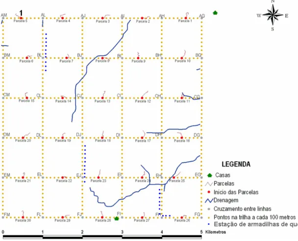 Figura  2.  Área  de  amostragem  (25  Km 2 )  mostrando  a  localização  das  parcelas  de  coleta ativa e das armadilhas de interceptação e queda