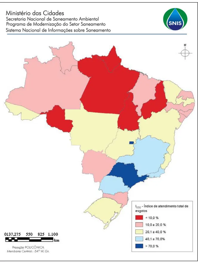 Figura 5  –  Índice de atendimento total por rede de esgotos nos estados brasileiros  Fonte: SNIS (2006) 