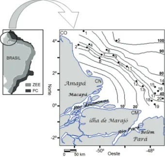 Figura 1 - Plataforma Continental Brasileira (PC ≈960.000 km 2 ) e Zona  Economicamente Exclusiva (ZEE ≈3.500.000 km 2 ), com destaque para  Plataforma Continental do Amazonas (PCA), seus pontos de amostragem e  suas respectivas isóbatas