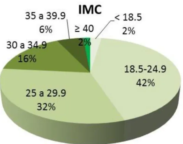 Figura  5:  Percentual  da  população  (n=  337)  apresentando  diferentes  intervalos  do  Índice  de  Massa  Corporal  (IMC), de acordo com a classificação do grau de obesidade proposta pelas Diretrizes Brasileiras de Obesidade  2009-2010.