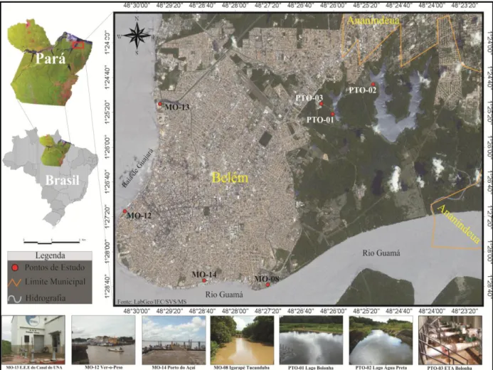 Figura 6. Pontos de coleta localizados na cidade de Belém, Pará Brasil. MO-13 (esgoto não  tratado obtido na EEE-UNA); MO-12, MO-14 e MO-08 (águas superficiais oriundas da Baía  do  Guajará,  Rio  Guamá  e  Igarapé  Tucunduba,  respectivamente);  PTO-1  e 