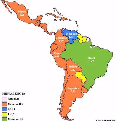 Figura 1 – Mapa da prevalência da hanseníase na América Latina. 