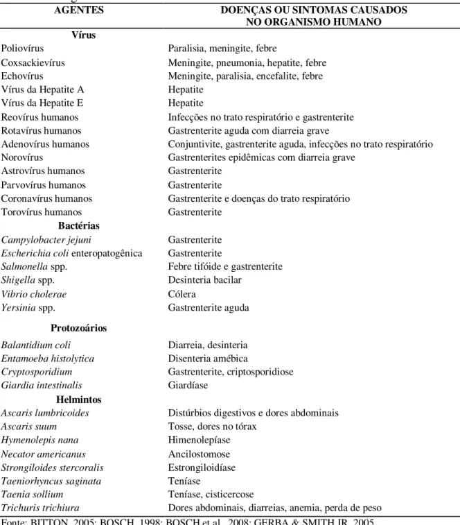 Tabela 1- Principais agentes encontrados nas fezes e as doenças ou sintomas causados pelos  mesmos no organismo humano