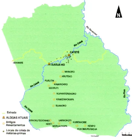 Ilustração 1. Localização das aldeias ao longo do rio Cateté e os locais de coleta de matérias-primas  dentro da área indígena 