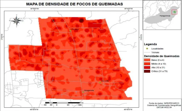 Figura 11: Mapa de densidade de focos de queimadas do assentamento Paragonorte Fonte: INPE/PROARCO (1999-2012) 