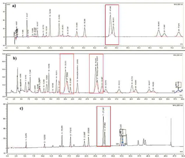 Figura 21 - Cromatograma do Padrão Mix de HPAS. a) sistema isocrático 68% - ACN), b)  sistema isocrático 75% ACN