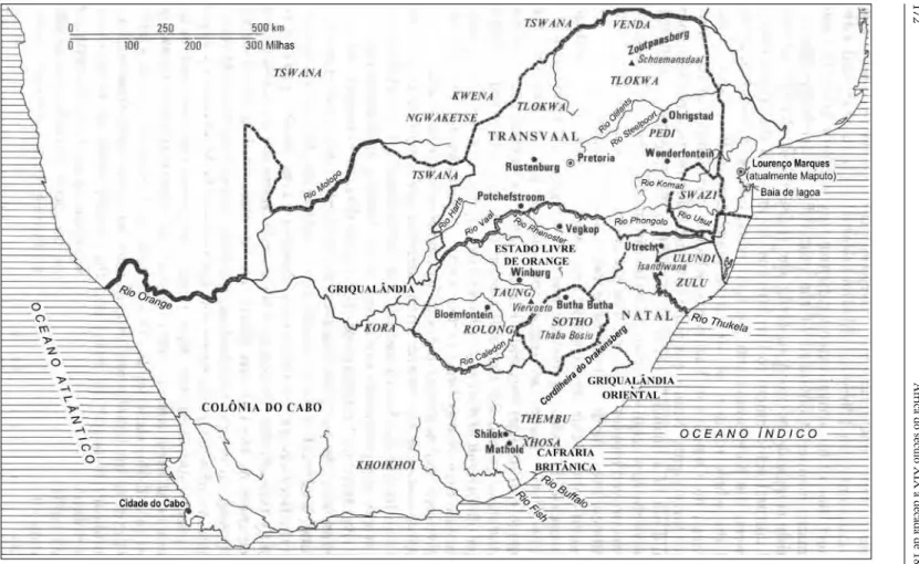 figura 7.1  Mapa da África do Sul indicando os Estados e os povos, 1850 -1880 (segundo N