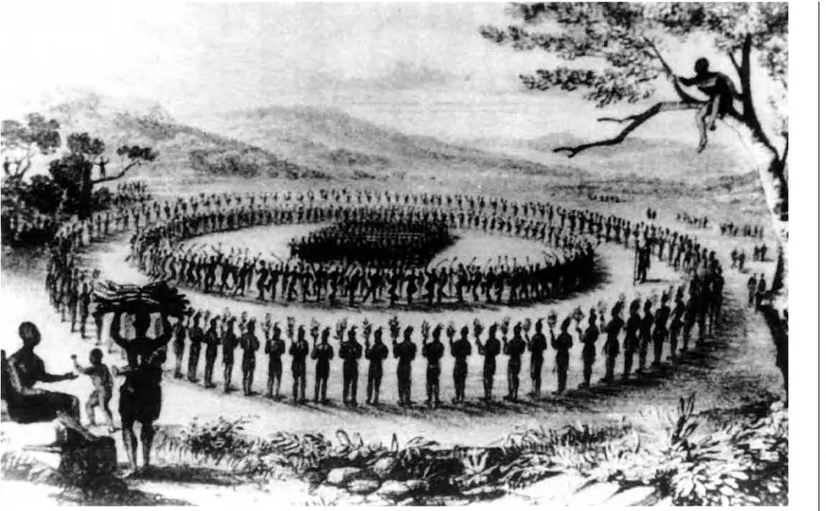 figura 1.1  Dança cerimonial em Mbelebele, campo militar zulu, em 1836. [Fonte: J. D. Omer -Cooper, The Zulu aftermath, 1966, Longman, London (o original  encontra -se em A