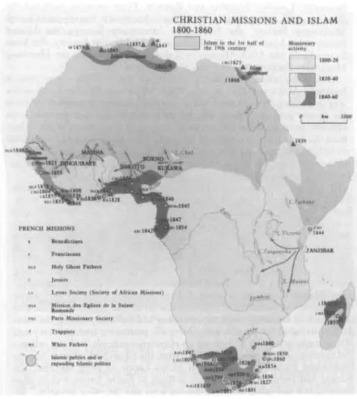figura 3.1  As missões cristãs e o islã, 1800 -1860. [Fonte: J. F. Ade. Ajayi e M. Crowder (orgs.), Historical  Atlas of Africa, 1985, Londres, Longman.]