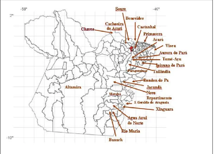 Figura 1- Mapa representativo, demonstrando os municípios onde foram colhidas as amostras  no Estado do Pará, Brasil