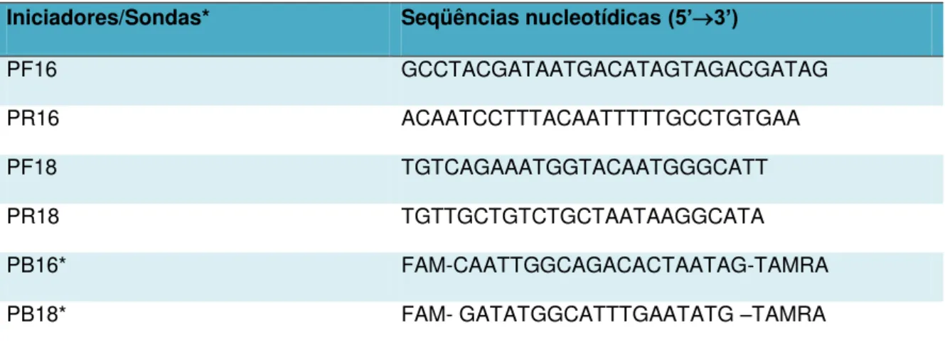 Tabela 3  –  Seqüências nucleotídicas de iniciadores e sondas utilizadas para identificar os genótipos  16 e 18 do HPV
