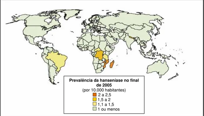 Figura  1: Prevalência da hanseníase no mundo  Fonte: Datasus, 2006. 