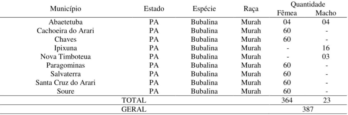 Tabela  1:  Número  de  amostras  de  soro  sanguíneo  de  búfalos,  por  município  e  sexo,        pertencentes ao banco de soro do Hospital Veterinário da UFPA