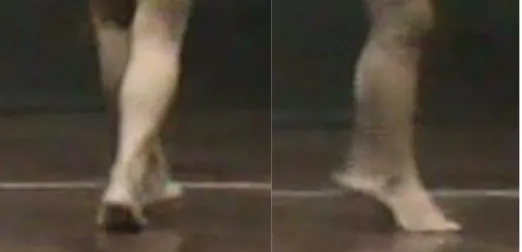 Fig. 12  –  A autora em transposição do peso por meio dos pés (I). Sala de Corpo  -  Etdufpa (Foto: frame, ou quadro, estático de filmagem realizada pela própria autora) 