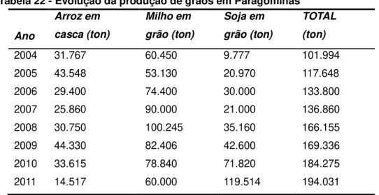 Tabela 22 - Evolução da produção de grãos em Paragominas Ano  Arroz em   casca (ton)  Milho em   grão (ton)  Soja em  grão (ton)  TOTAL (ton)  2004  31.767  60.450  9.777  101.994  2005  43.548  53.130  20.970  117.648  2006  29.400  74.400  30.000  133.80