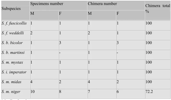Table I - XX/XY chromosomic chimerism present in Saguinus subspecies in this study. 