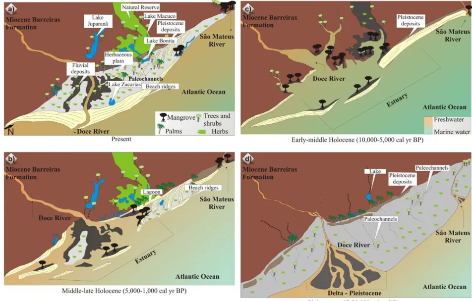 Figure 3 – Model for coastal plain evolution of the Doce River during the late Pleitocene to Holocene