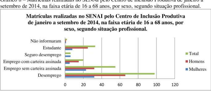 Gráfico 8 – Matrículas realizadas no SENAI pelo Centro de Inclusão Produtiva de janeiro a  setembro de 2014, na faixa etária de 16 a 68 anos, por sexo, segundo situação profissional
